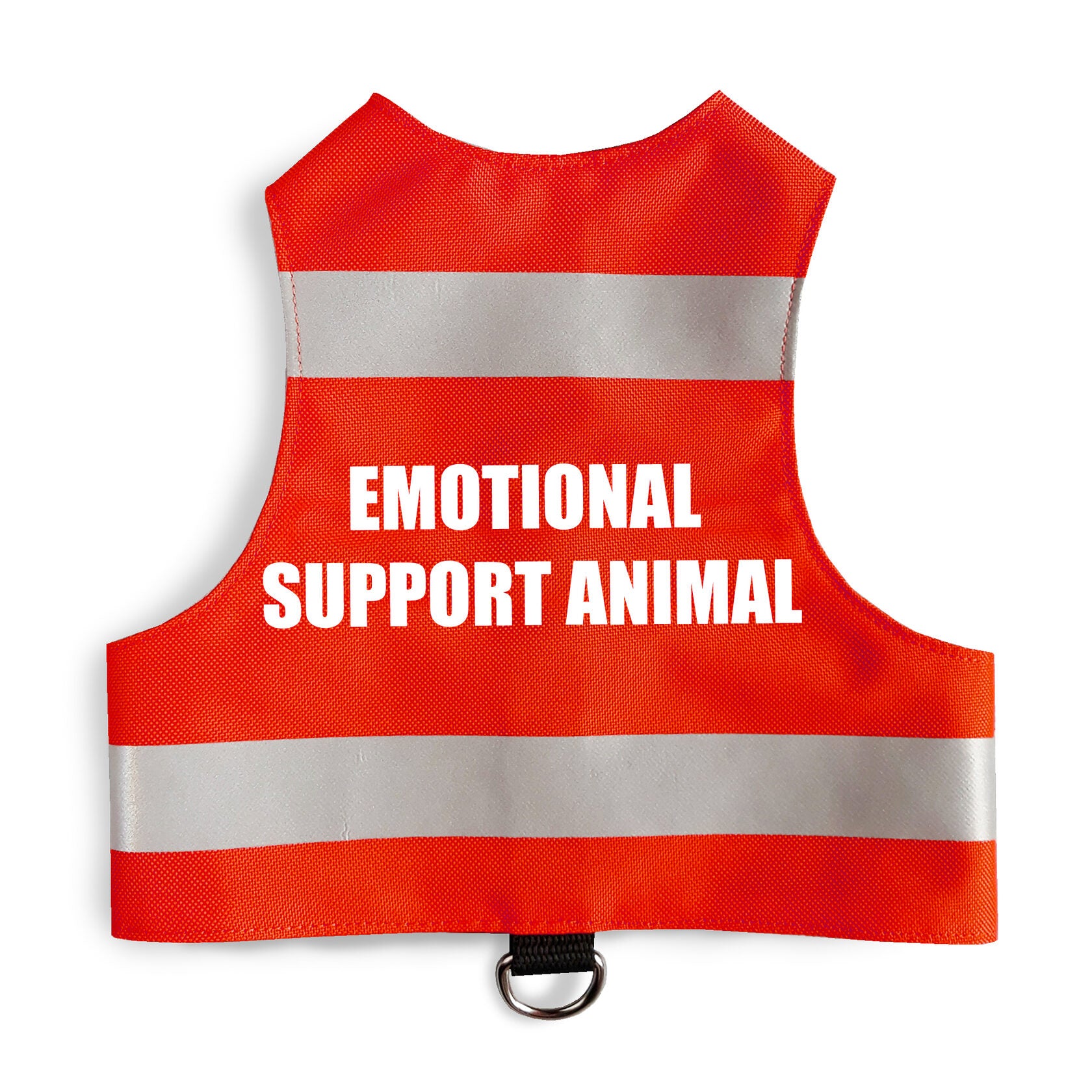 Flat lay of red safety vest for an emotional support animal, featuring two horizontal reflective silver stripes and the white text "EMOTIONAL SUPPORT ANIMAL" stacked in the center, with a black leash attachment loop and silver D-ring at the bottom.