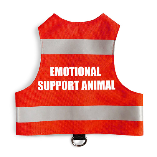 Flat lay of red safety vest for an emotional support animal, featuring two horizontal reflective silver stripes and the white text "EMOTIONAL SUPPORT ANIMAL" stacked in the center, with a black leash attachment loop and silver D-ring at the bottom.
