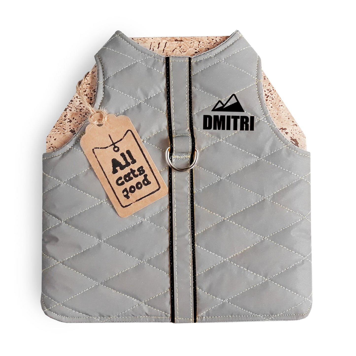 A quilted light grey cat harness with black trim, a reflective stripe, a personalized "DMITRI" text with a mountain icon, and an Allcatsgood tag.