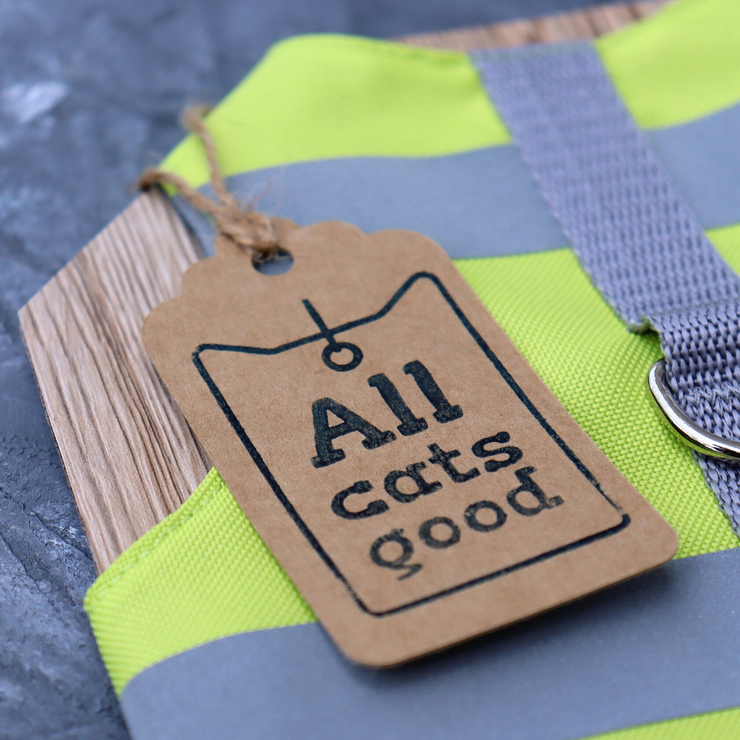 Close-up of a brown cardboard Allcatsgood brand tag attached to a neon yellow and reflective cat harness.