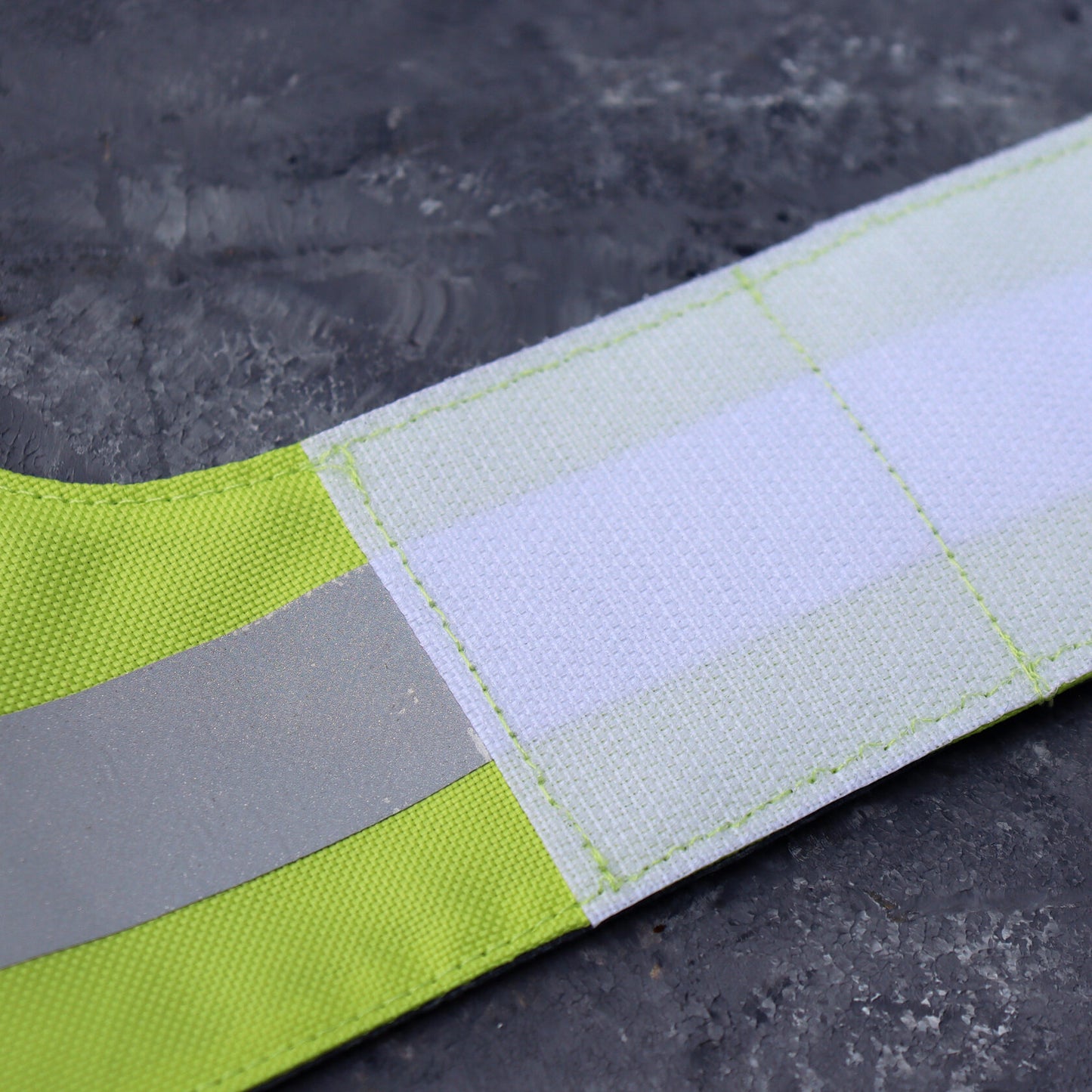 Reflective stripe on a safety cat harness.