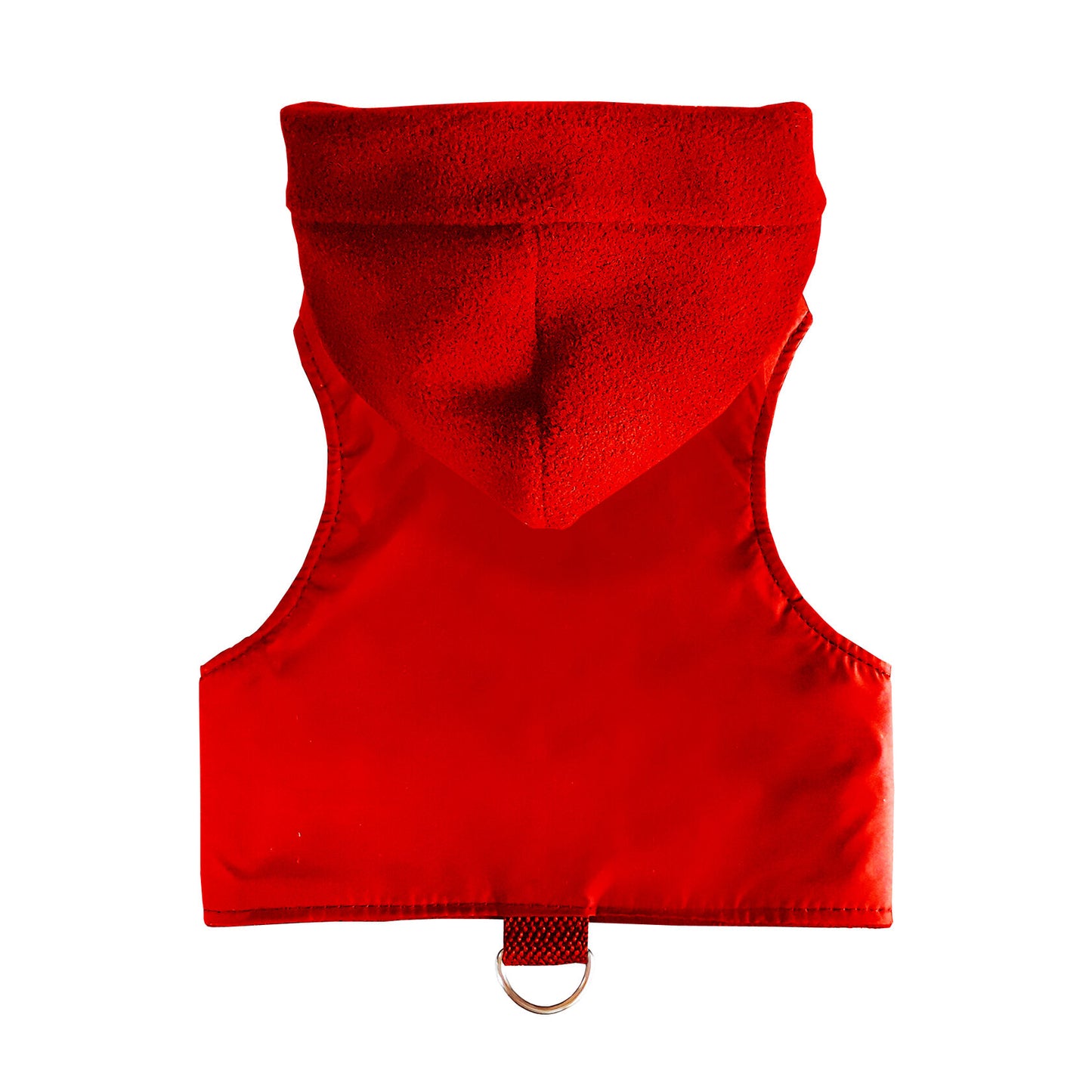 A red cat harness with a soft, fleece-lined hood and a D-ring for leash attachment.