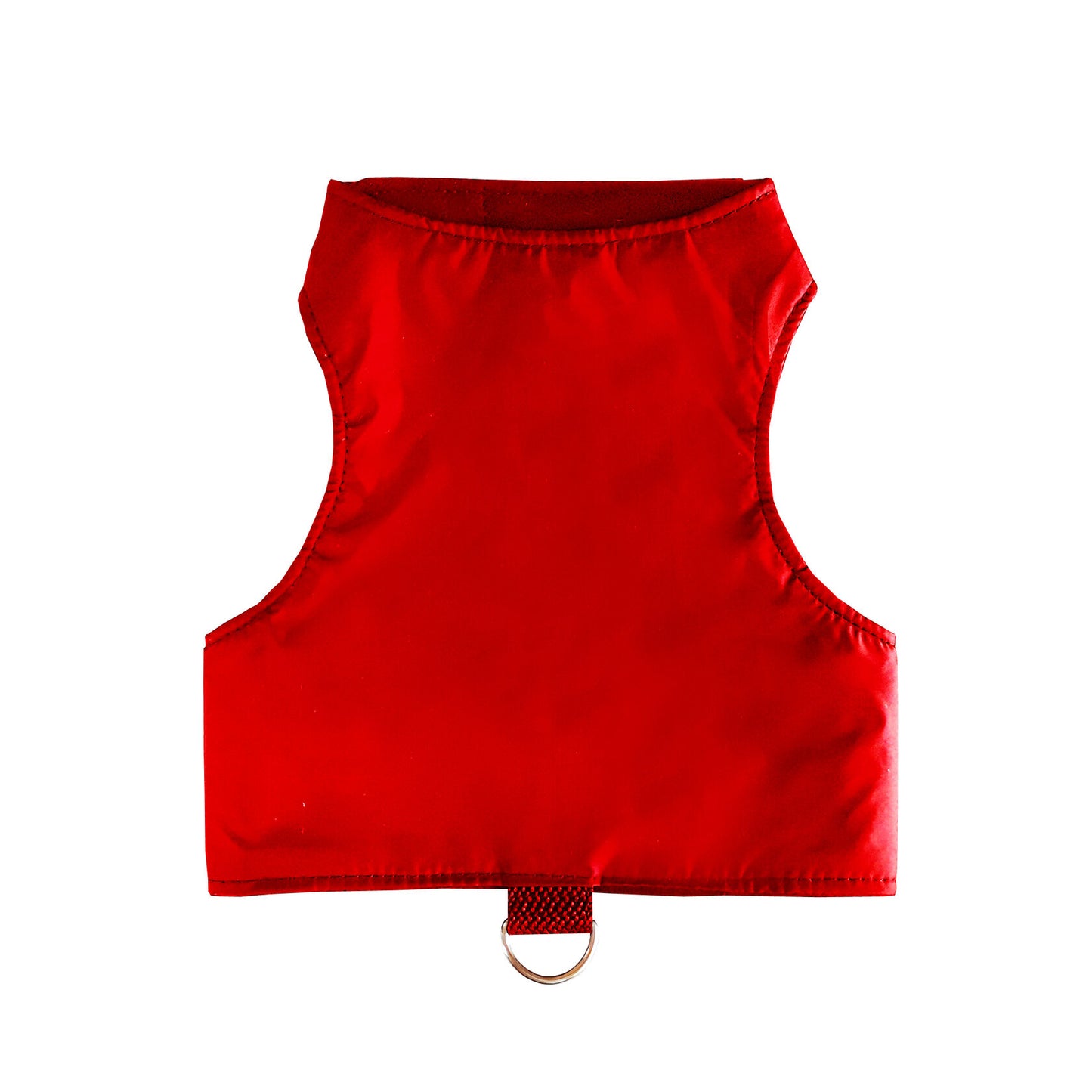 Red cat harness with a soft red lining and a red leash attachment loop with a silver D-ring.