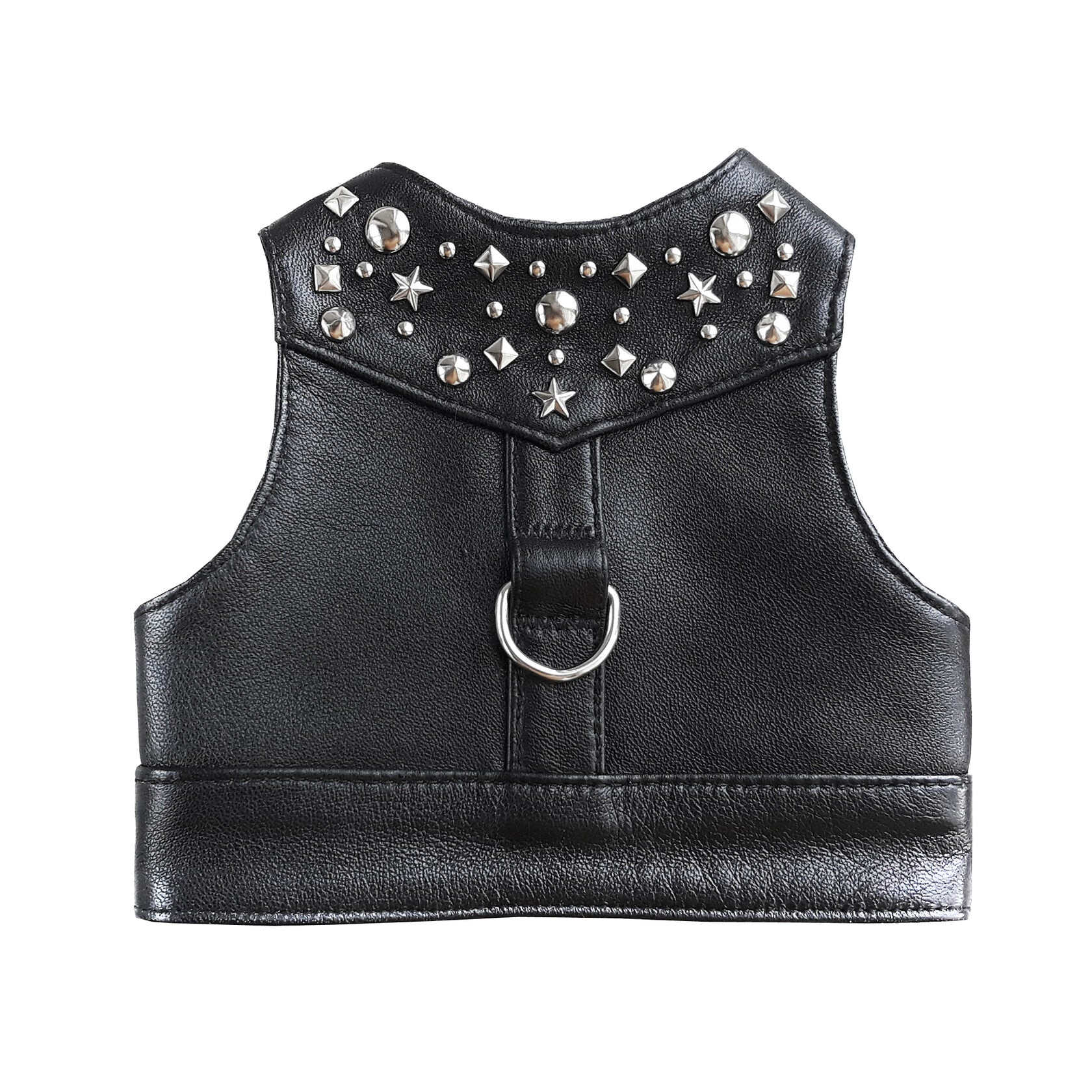 Stylish black leather harness vest for cats with metallic rivets for a secure and fashionable fit