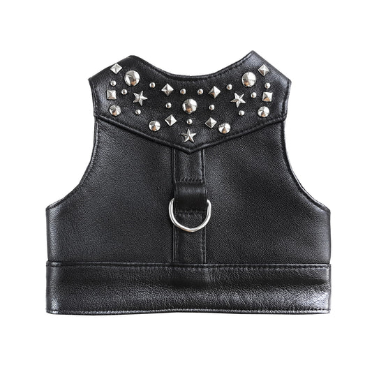 Stylish black leather harness vest for cats with metallic rivets for a secure and fashionable fit