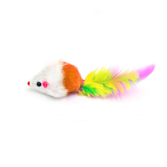 Interactive cat toy mouse with colorful feather tail, plush body, stimulating play for kittens and cats