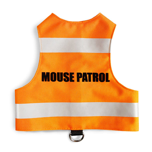A bright orange safety vest with horizontal reflective white stripes and the text "MOUSE PATROL" in black capital letters. A black loop with a silver D-ring is at the bottom.