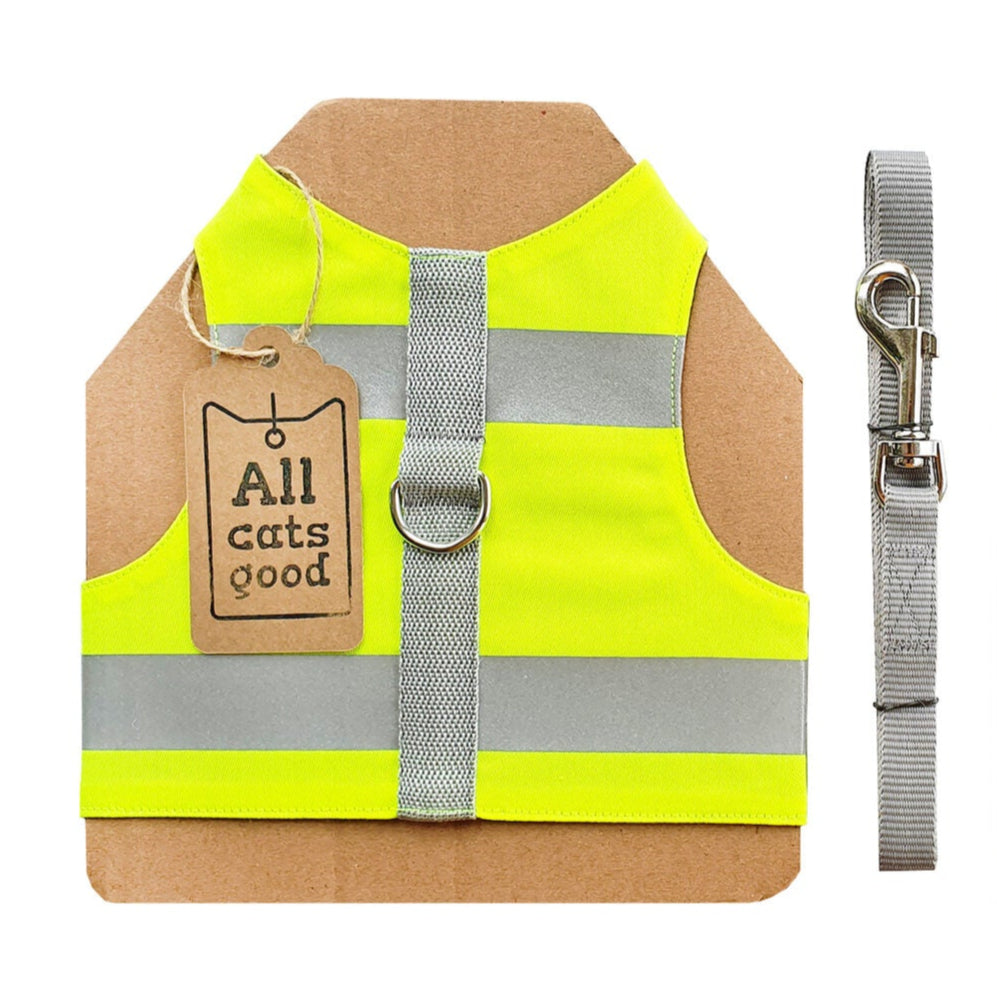 The Allcatsgood leash training kit containing a high-visibility cat harness, a grey leash, and an instructional booklet.