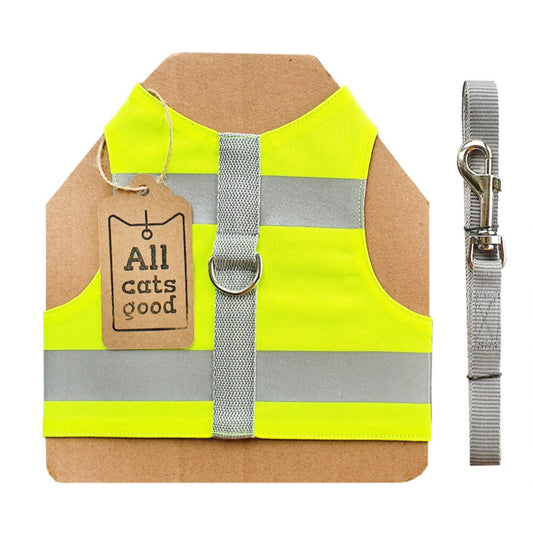 The Allcatsgood leash training kit containing a high-visibility cat harness, a grey leash, and an instructional booklet.