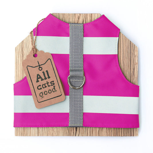 Difficult to escape high visibility water-repellent safety cat harness with reflective stripes. Magenta