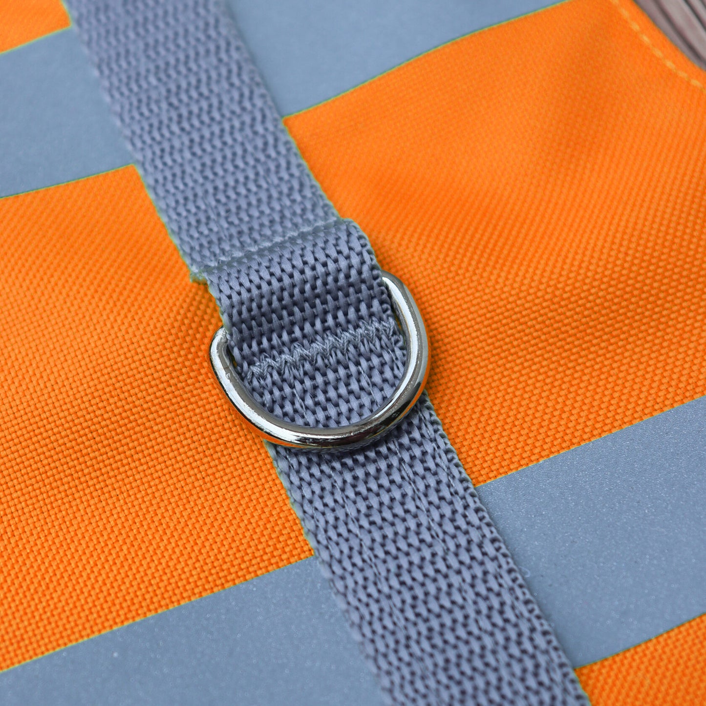 Close-up of a silver D-ring attached to a grey strap on an orange water-repellent cat harness with a reflective stripe.