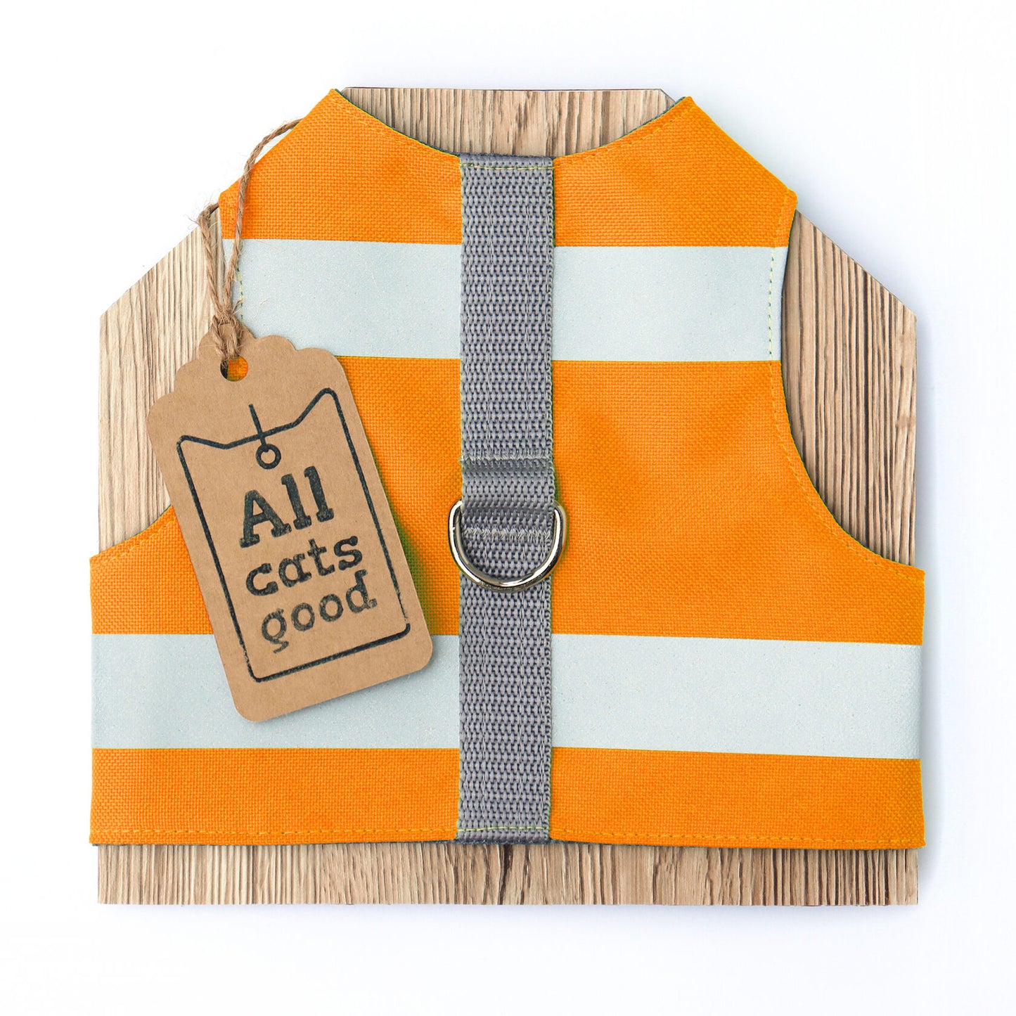 Orange reflective safety cat harness with Allcatsgood tag.
