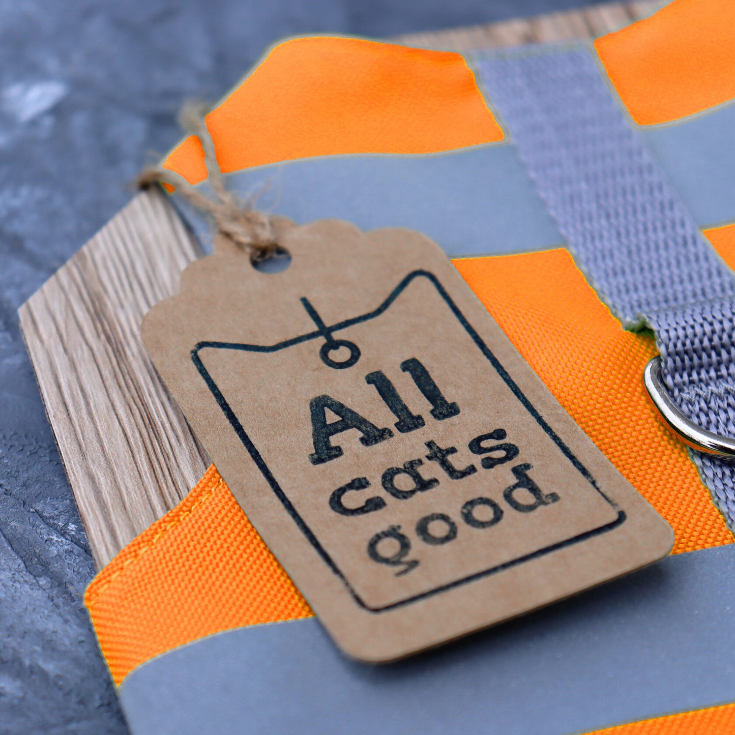 Close-up of a brown cardboard Allcatsgood brand tag attached to an orange and reflective cat harness.