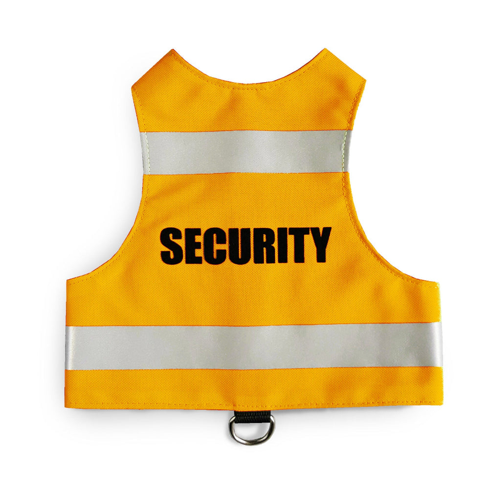 A bright orange cat safety harness with the word "SECURITY" printed in black and two horizontal silver reflective stripes.