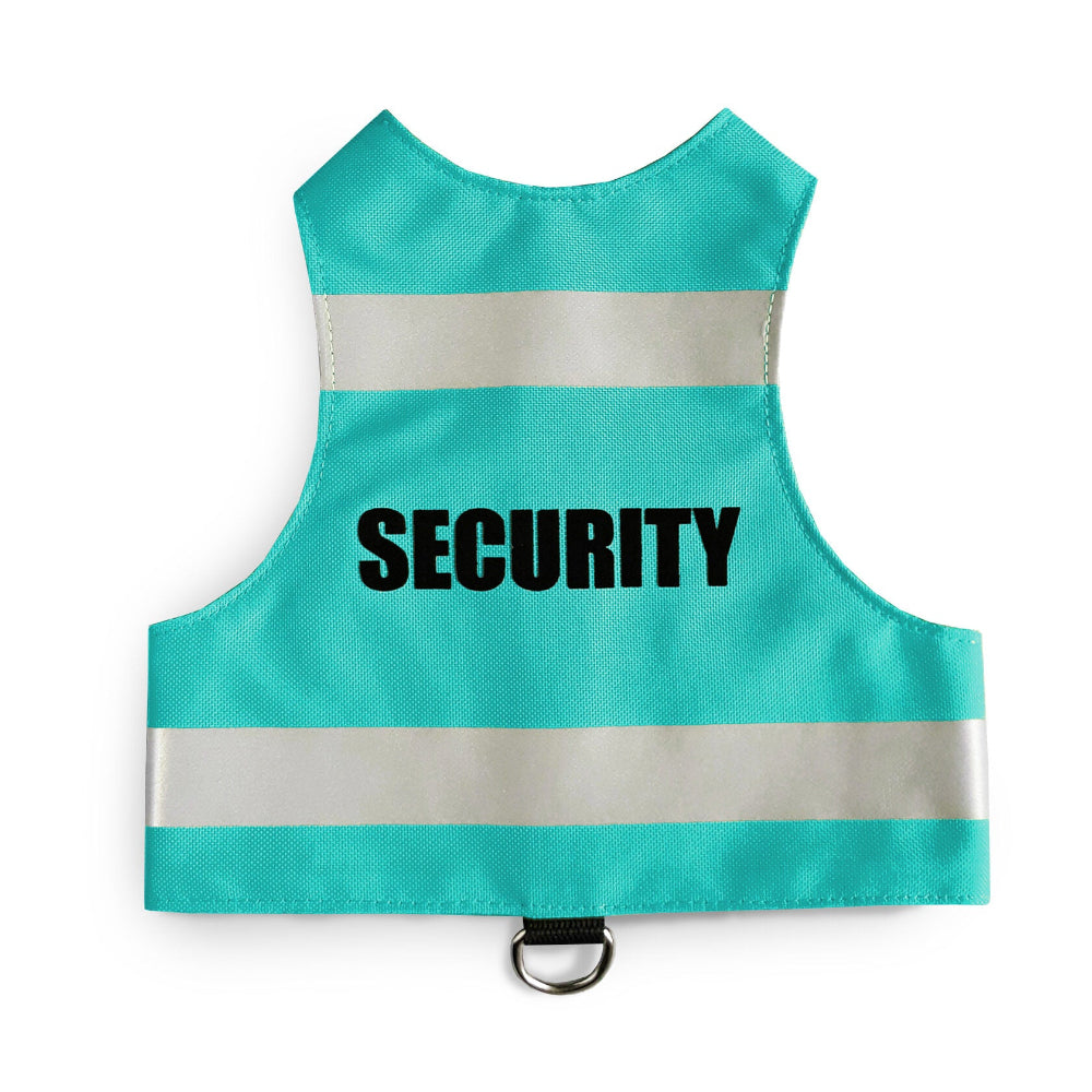 A bright teal cat safety harness with the word "SECURITY" printed in black and two horizontal silver reflective stripes.