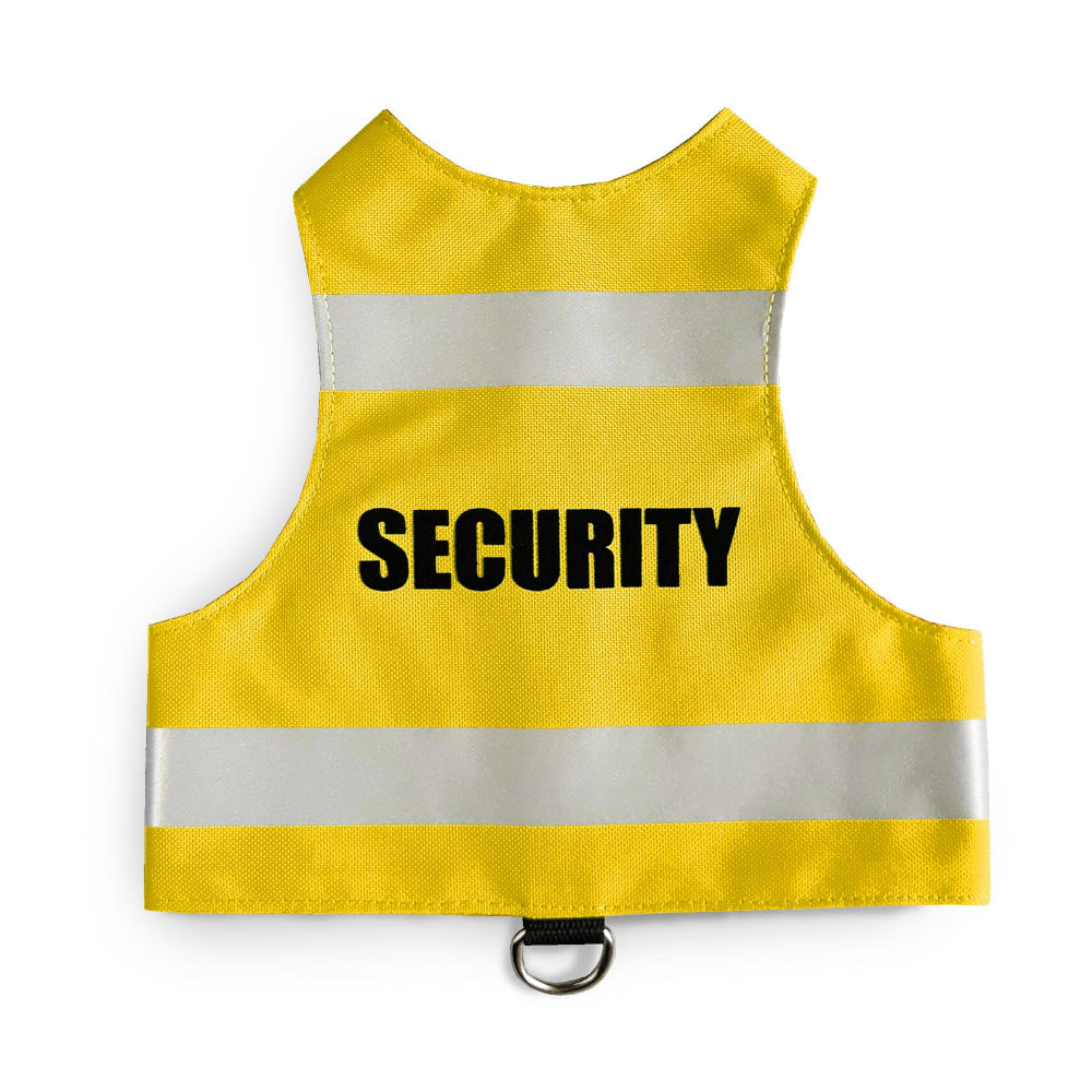 A bright yellow cat safety harness with the word "SECURITY" printed in black and two horizontal silver reflective stripes.