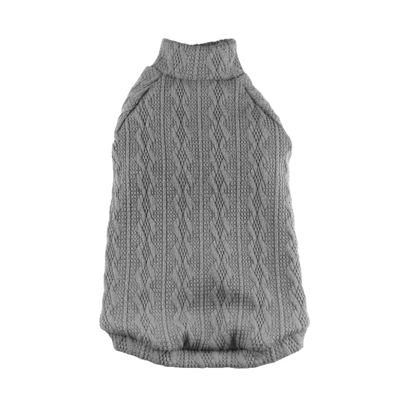 Gray cable-knit sweater for a cat with a high ribbed turtleneck, short sleeves