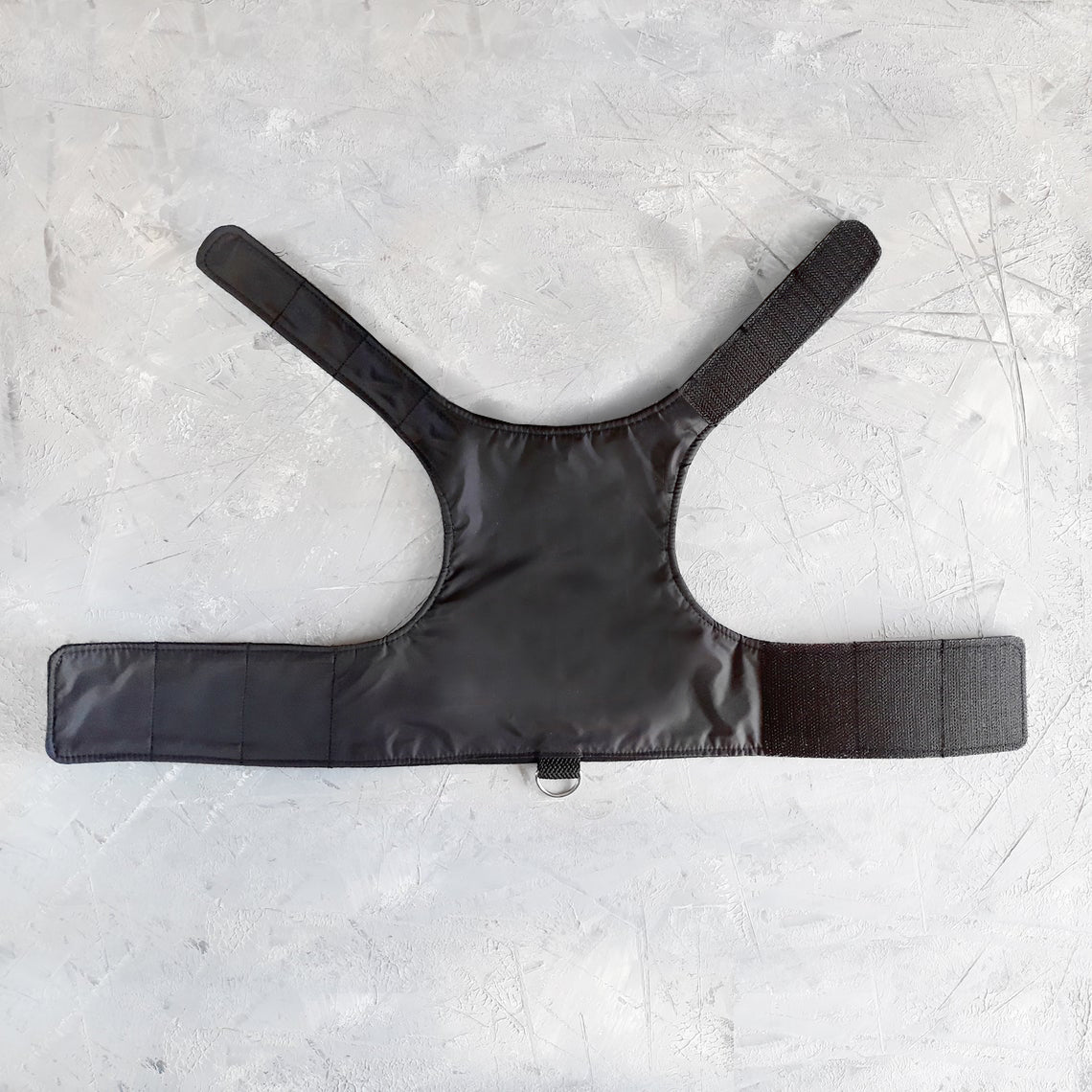 Black cat harness with a soft black lining and a black leash attachment loop with a silver D-ring.