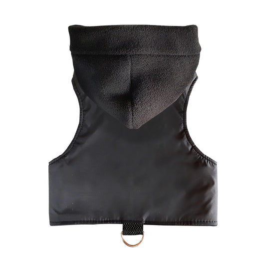 A black cat harness with a soft, fleece-lined hood and a D-ring for leash attachment.