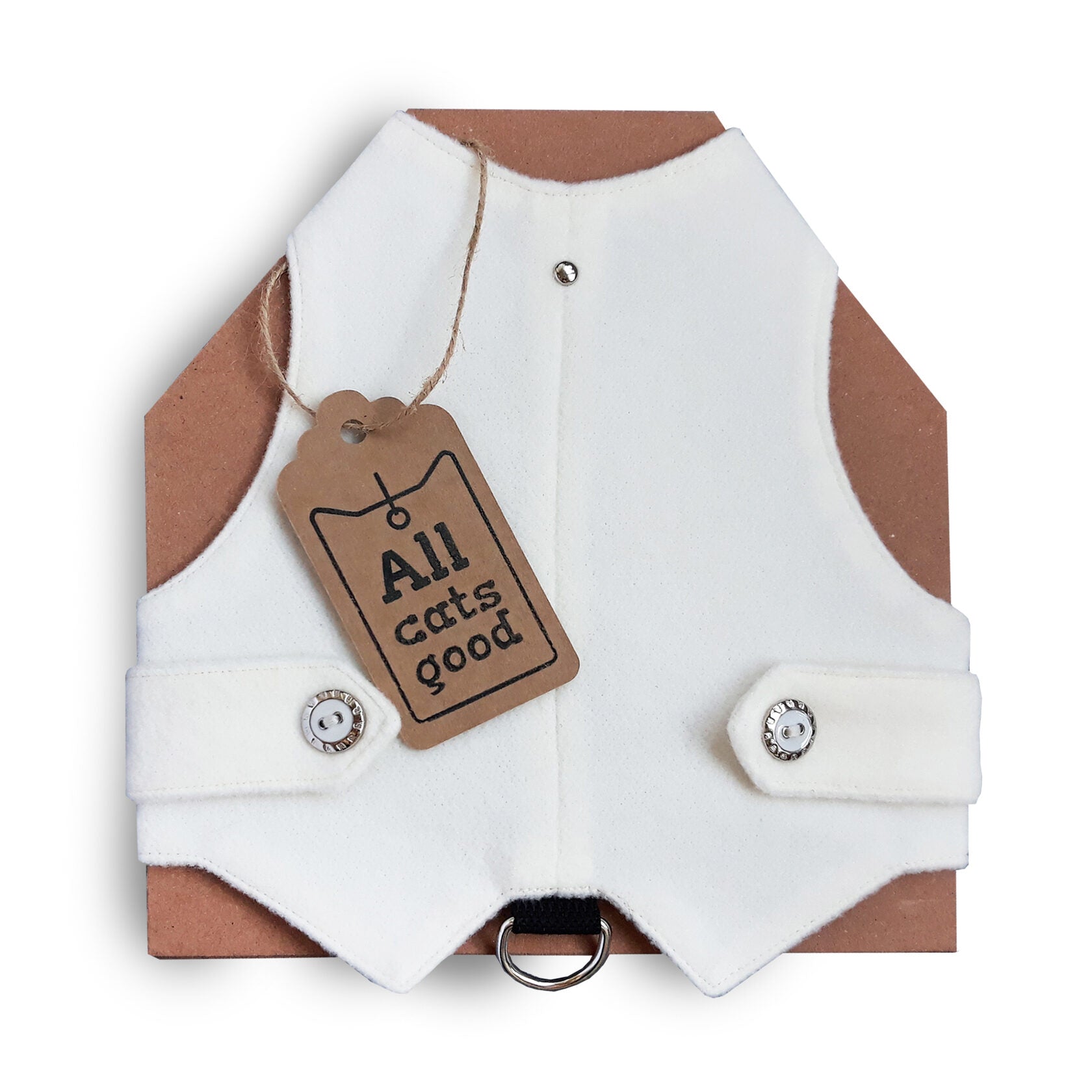 A white, classic-style cat harness from "Allcatsgood" is shown with a product tag bearing the brand's name. The harness has a clean design with snap closures for easy fastening and a D-ring for leash attachment.