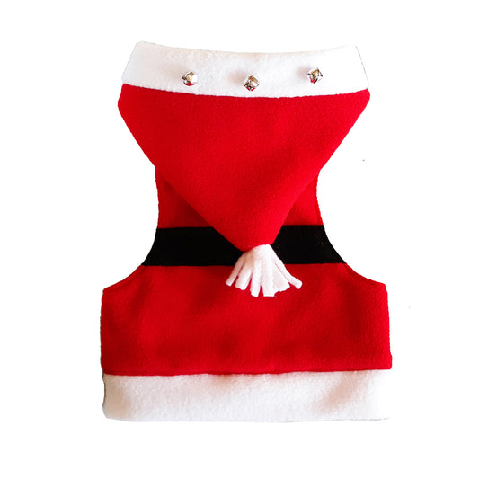 Red and white Santa Claus-themed cat harness with a pointed hood, white trim, three small silver jingle bells, a black belt detail, and a white pompom.