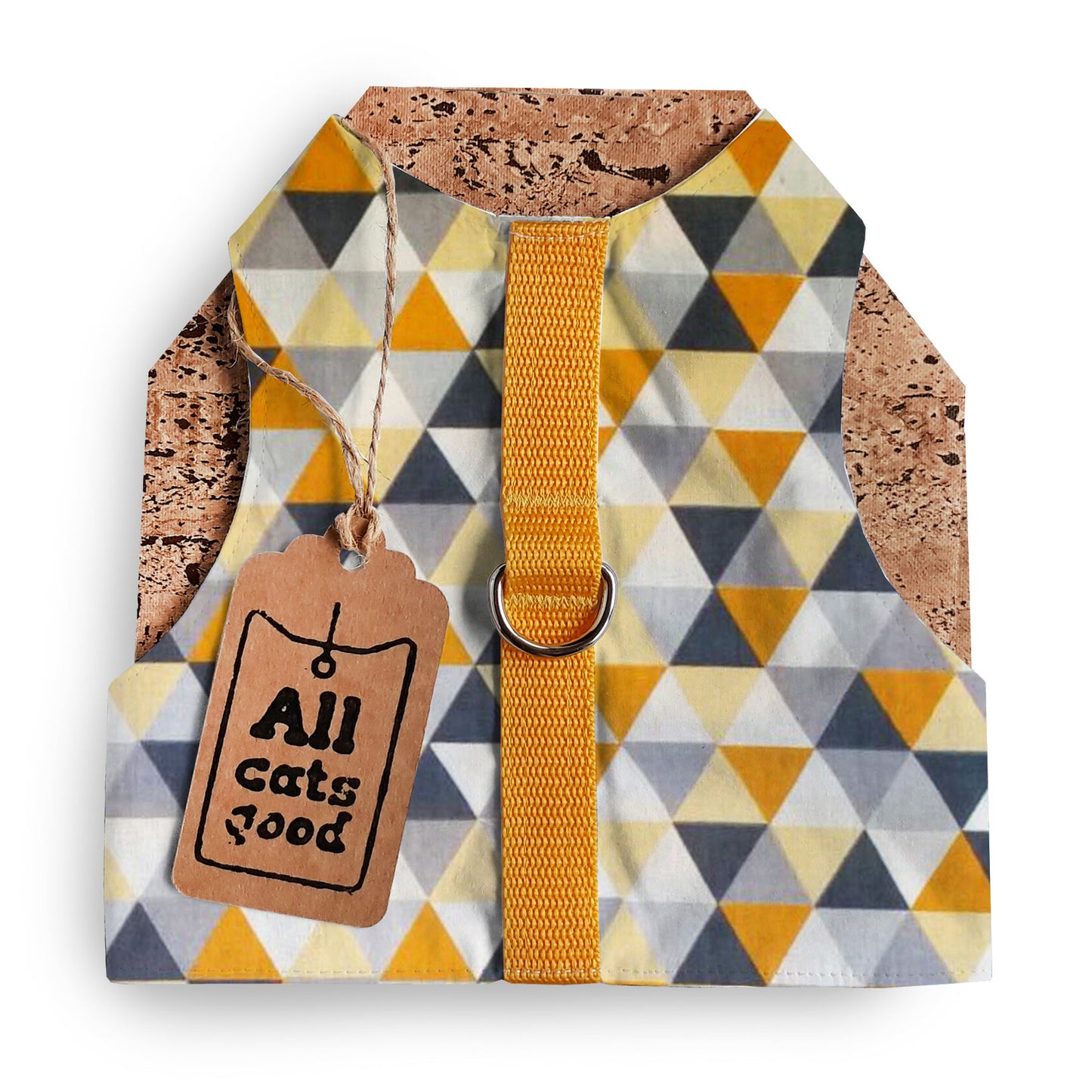 Escape proof and safety cat harness. Breathable cotton vest with yellow-grey triangles print