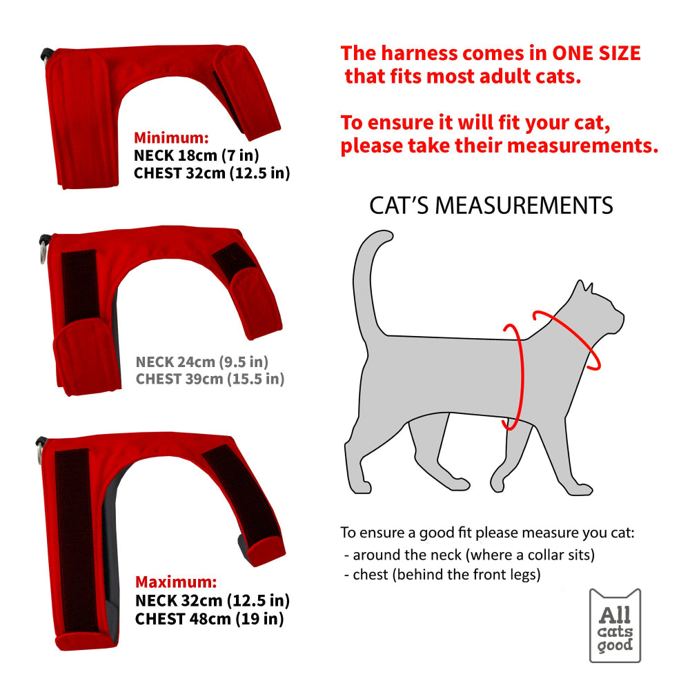Sizing chart for red cat harness, showing adjustable neck and chest measurements (18-32cm neck, 32-48cm chest), includes guide on how to measure your cat for a comfortable fit