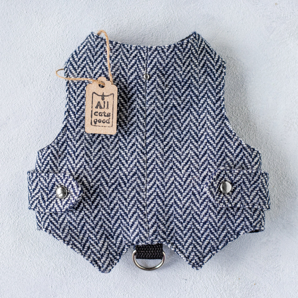 dark blue tweed cat harness