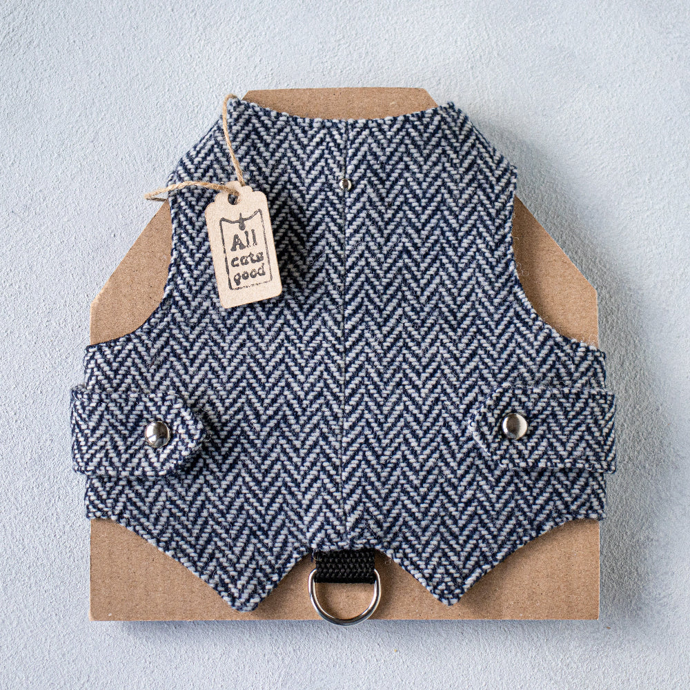 dark blue tweed cat harness