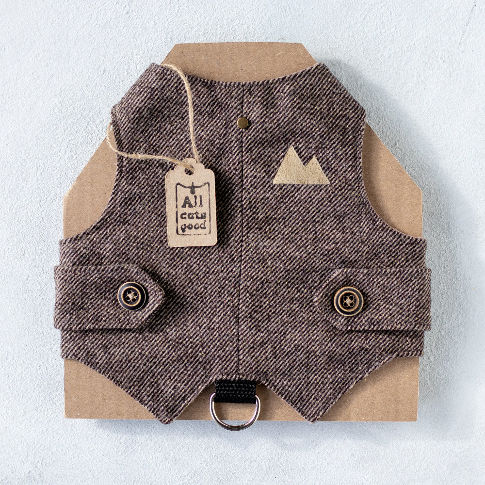 Brown cat vest with buttons on a cardboard backing