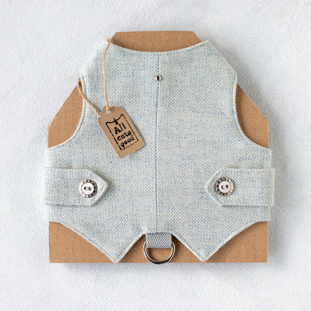 light blue tweed cat harness