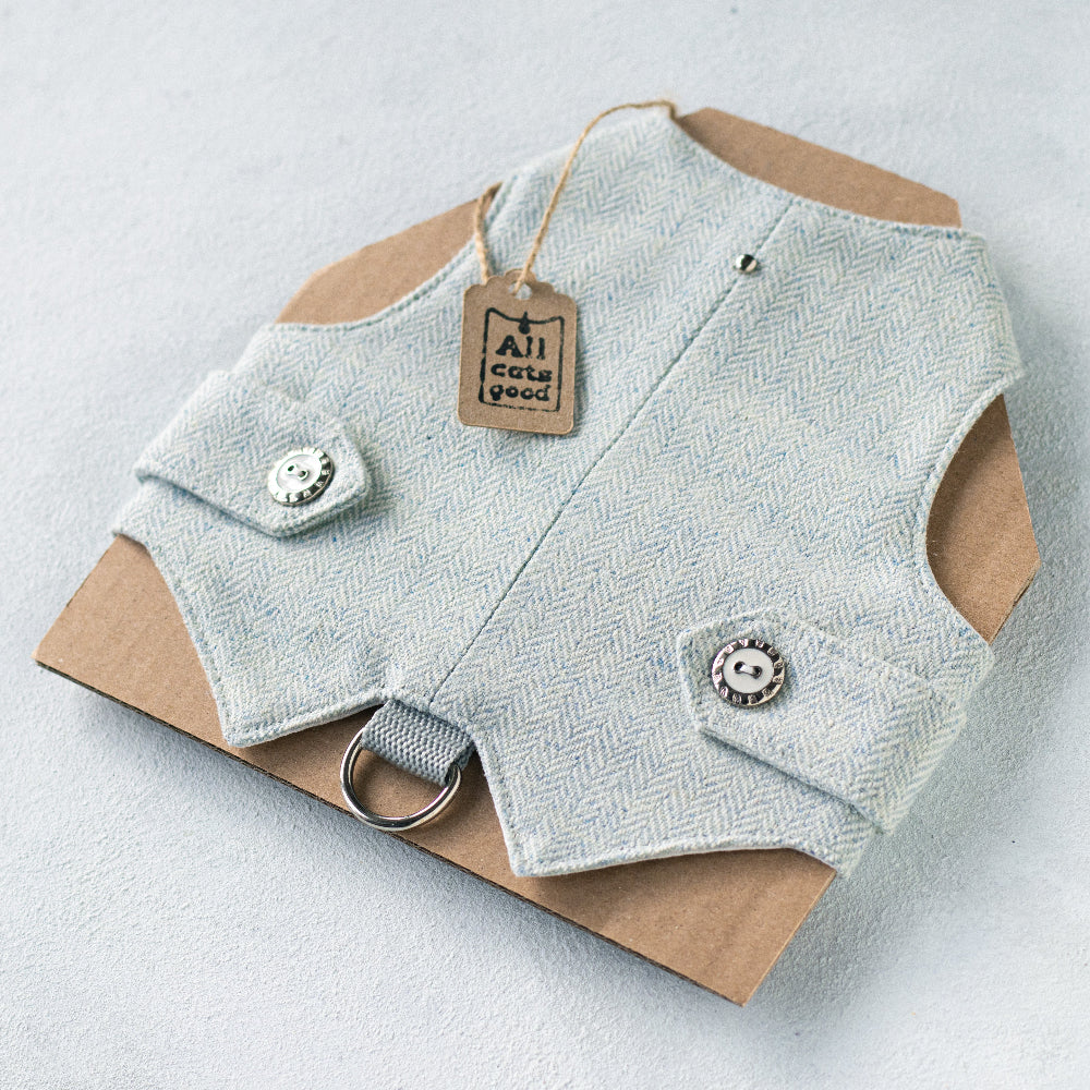 light blue tweed cat harness