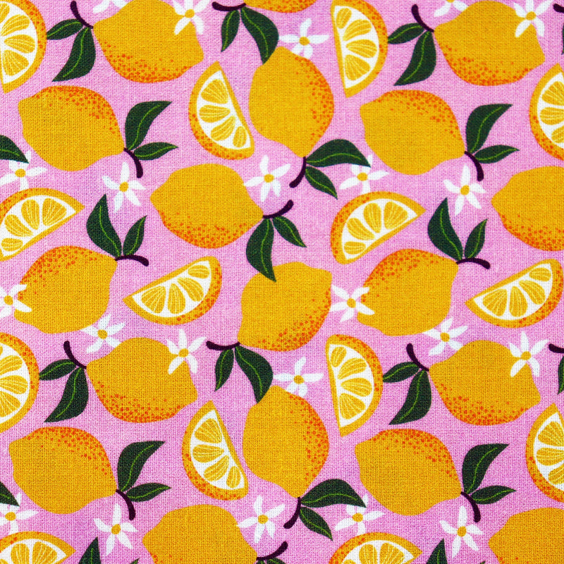"Pink Lemon" themed pet bandana featuring yellow lemons and floral design