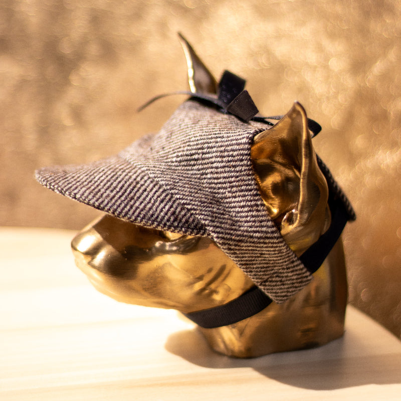 Tweed-style hat for a cat with a small brim  shown on a grey textured 