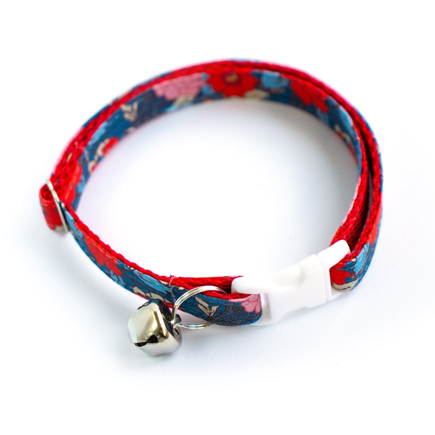 Pet Collar - "Blue Red Flowers" - Cat Collar Breakaway /Non Breakaway / Cat, Kitten, Small Dog, Little Pets