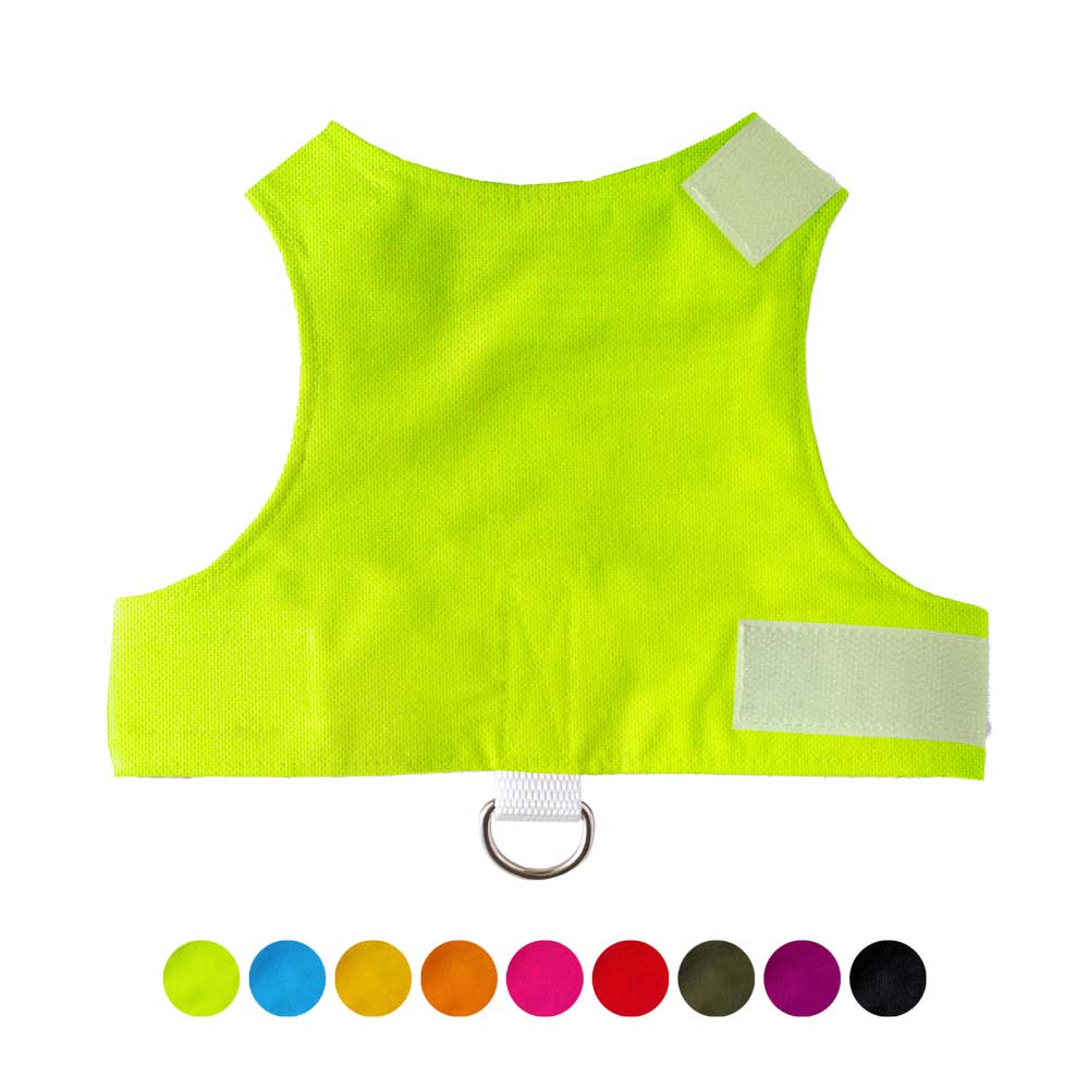High-visibility neon green cat harness with adjustable velcro straps and leash D-ring, safety harness for cats