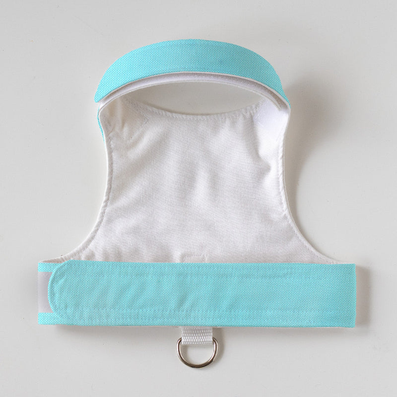 White cat harness with turquoise straps on a light gray background