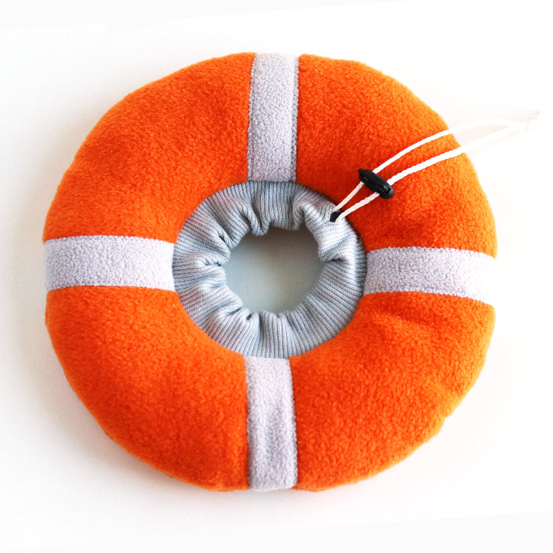 Orange life ring pet recovery collar, a soft and comfortable cone alternative with grey stripes and adjustable drawstring