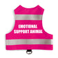 Flat lay of an pink safety vest for an emotional support animal, featuring two horizontal reflective silver stripes and the white text "EMOTIONAL SUPPORT ANIMAL" stacked in the center, with a black leash attachment loop and silver D-ring at the bottom.
