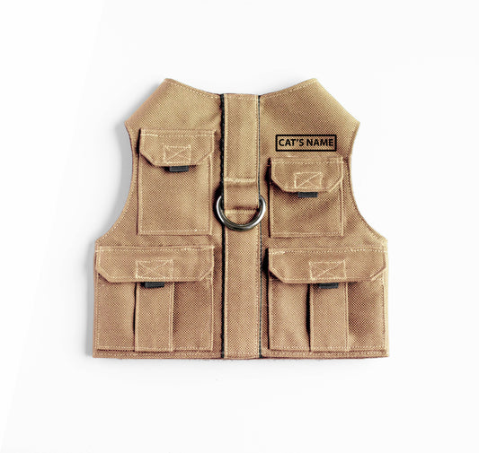 Water repellent Beige Fishing vest. Custom-made Cat Harness with Pockets for GPS-tracker