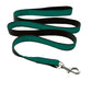 Green dog leash with black handle on a white background
