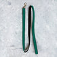Green and black dog leash on a textured gray background