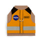 Orange cat harness with black shoulder accents, a NASA logo patch, a reflective silver stripe
