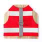 A bright red water-repellent cat harness with horizontal reflective silver stripes, a grey vertical strap with a silver D-ring, and a small pocket on the side.