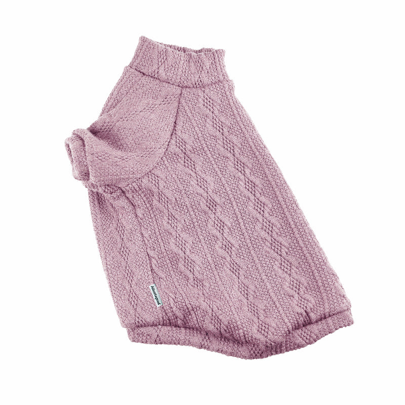 Pink cable-knit sweater for a cat with a high ribbed turtleneck, sleeves