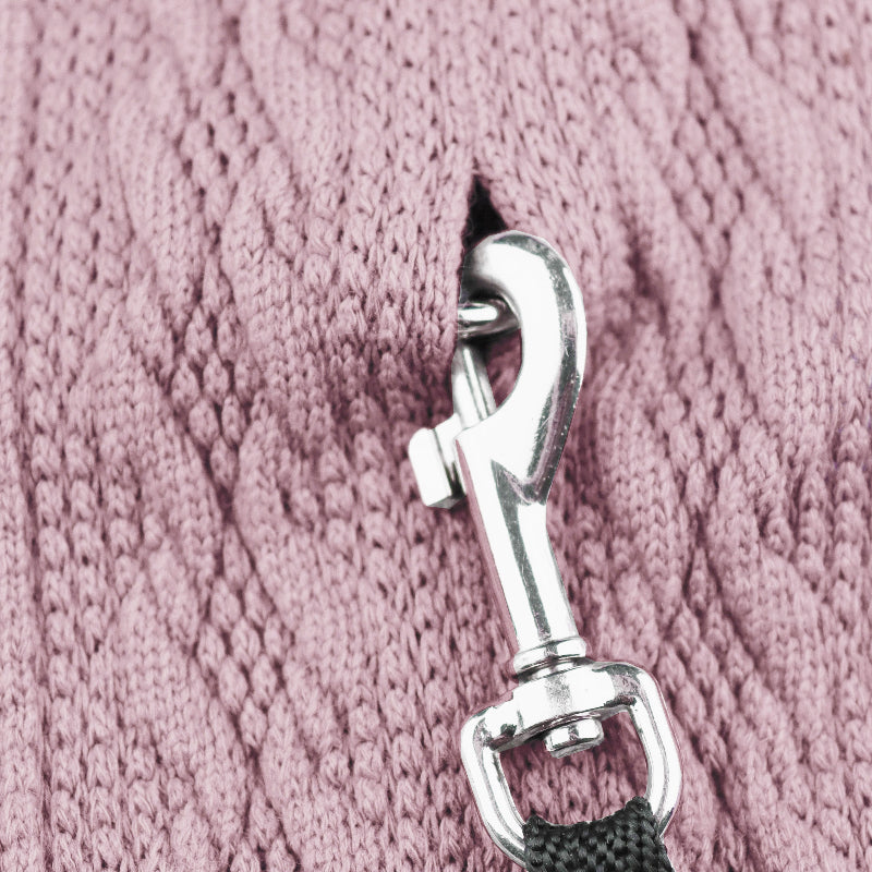 Pink cable-knit sweater for a cat with a high ribbed turtleneck, sleeves