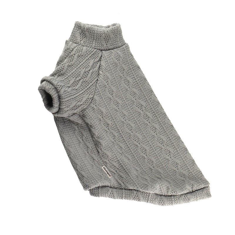 Gray cable-knit sweater for a cat with a high ribbed turtleneck, short sleeves