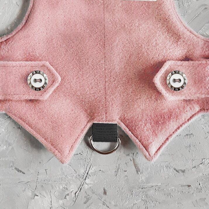 Difficult to escape pink tweed cat harness with leather parch