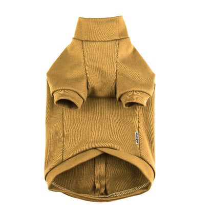 A mustard-colored sweater designed for a pet is shown on a white background