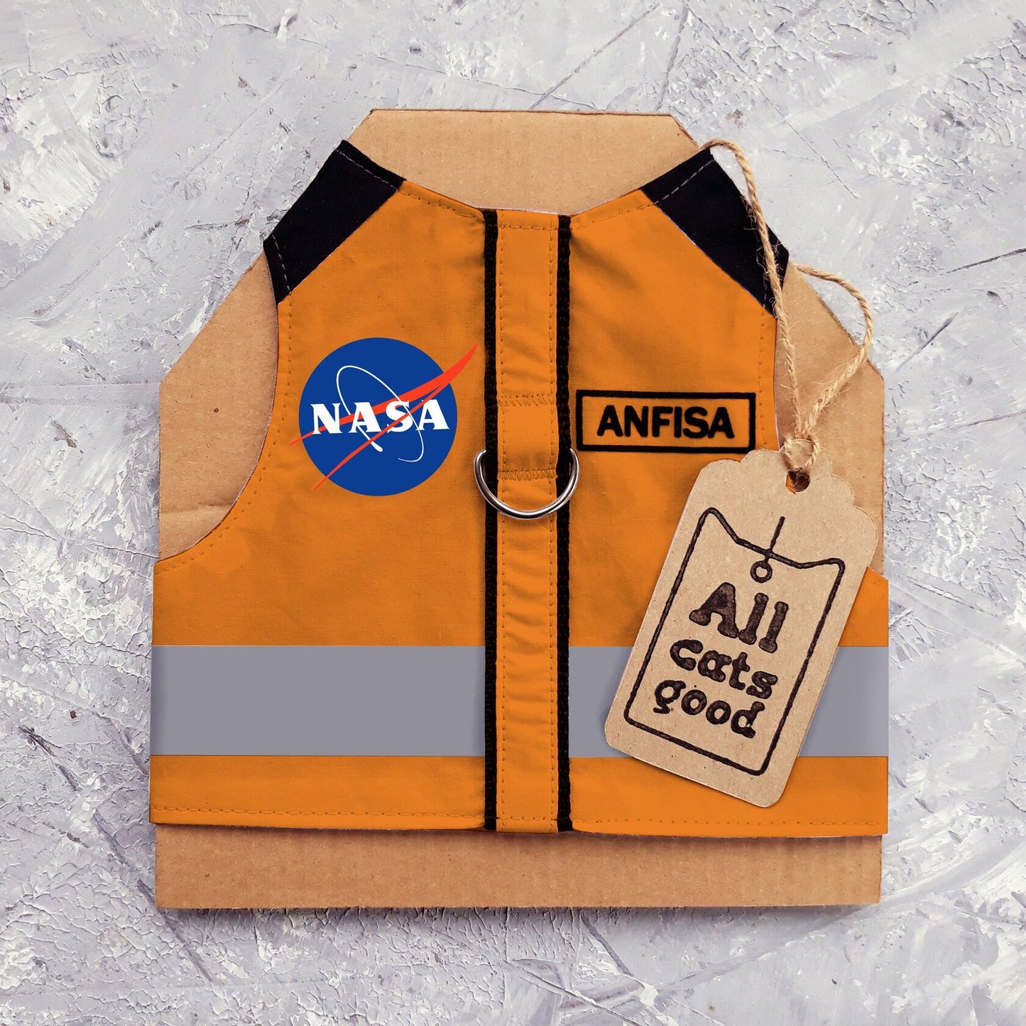 Difficult to escape personalized orange NASA cat harness with your cat's name and reflective stripe